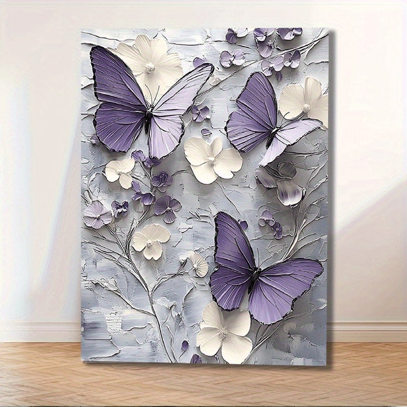Elegant Butterfly Floral Canvas Wall Art – Wooden Framed Large Print, Rustic Farmhouse Style, Purple & White Floral Design on Grey Background, Perfect for Wedding, Bridal Shower, Living Room & Home Decor