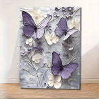 Elegant Butterfly Floral Canvas Wall Art – Wooden Framed Large Print, Rustic Farmhouse Style, Purple & White Floral Design on Grey Background, Perfect for Wedding, Bridal Shower, Living Room & Home Decor