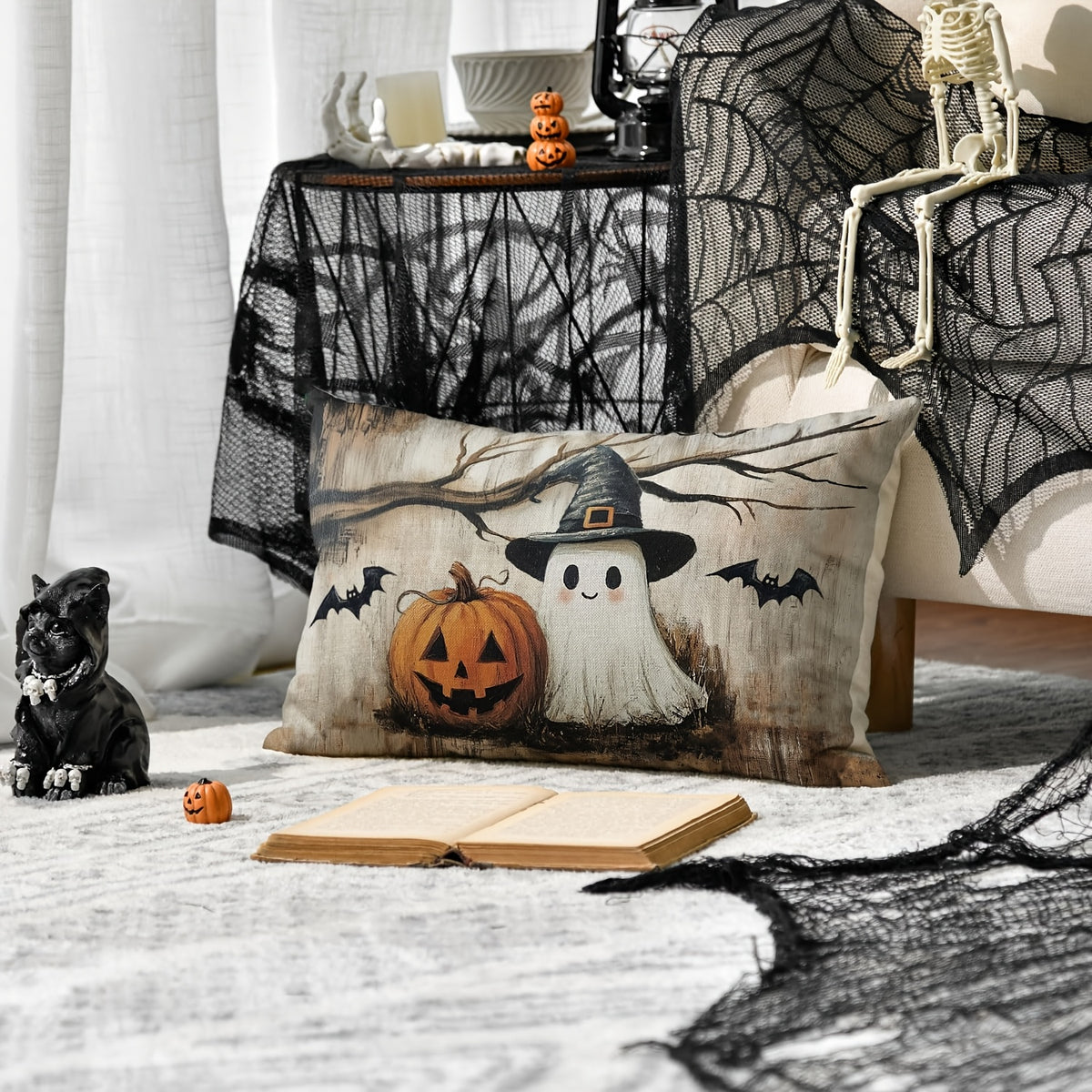 Halloween Ghost Pumpkin Lumbar Throw Pillow Cover 12x20 Inch – Farmhouse Spooky Bat Dead Tree Cushion Case, Single Sided Print, Sofa Couch Halloween Decor, 1pc