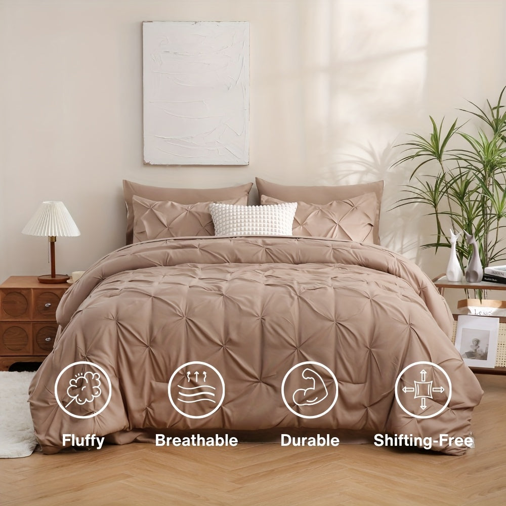 5/7pcs Pintuck Bed In A Bag Comforter Sets, Pinch Pleat Complete Bedding Sets with Comforter, Sheets & Pillowcases, Queen/King Size, All Season