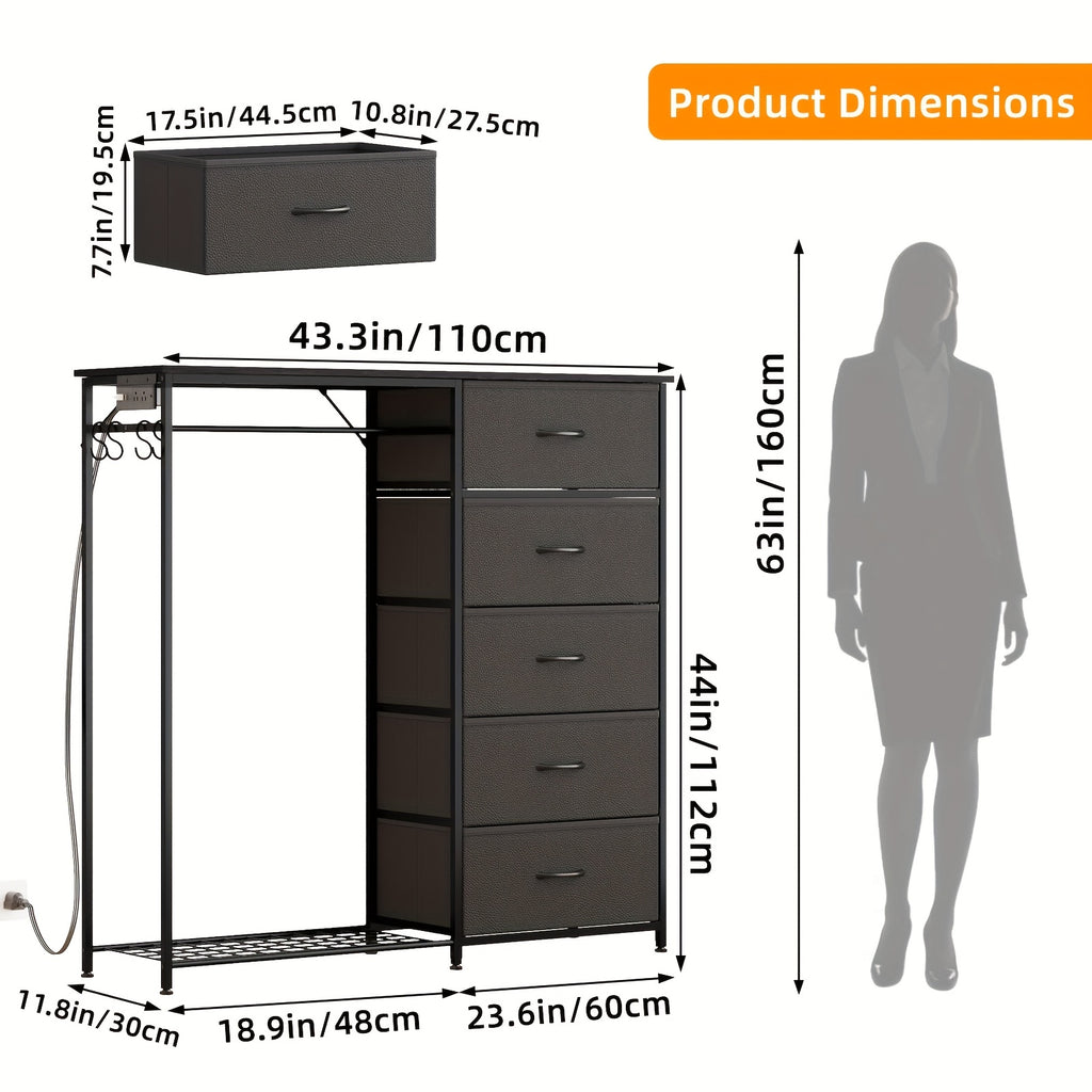 Fabric Dresser with Clothes Rack & Drawer Tower – 4 or 5 Drawers, Sturdy Frame, Optional LED Lighting & USB Charging Station for Bedroom