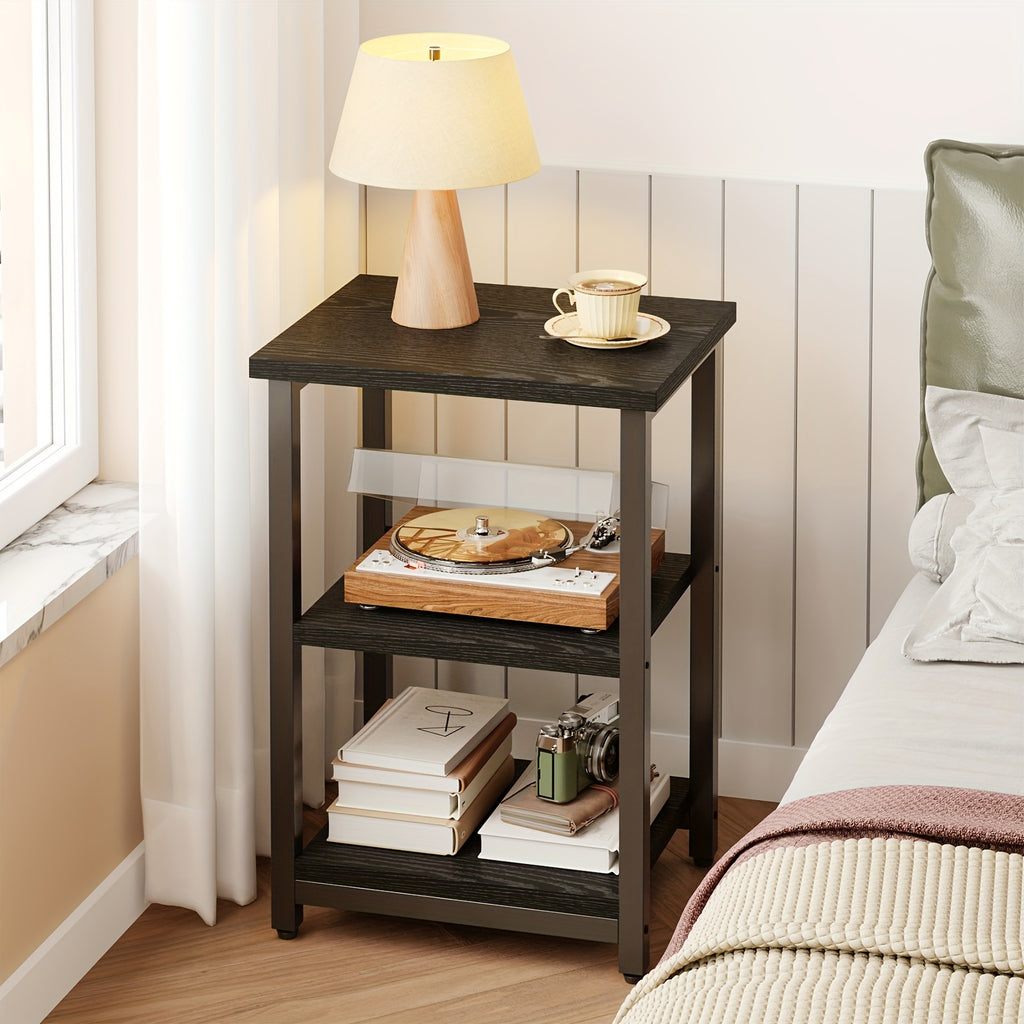 3-Tier Nightstand Side Table – Heavy Duty Steel Frame End Table for Bedroom Living Room Office Bathroom, Classic Black, 13.4"x11.8"x22.8"