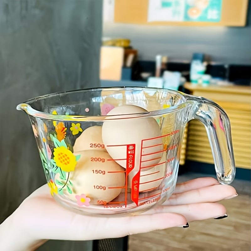 Lidded Floral Glass Measuring Cup Set – Heat-Resistant, Microwave-Safe, BPA-Free with Handle & Clear Markings for Baking & Cooking