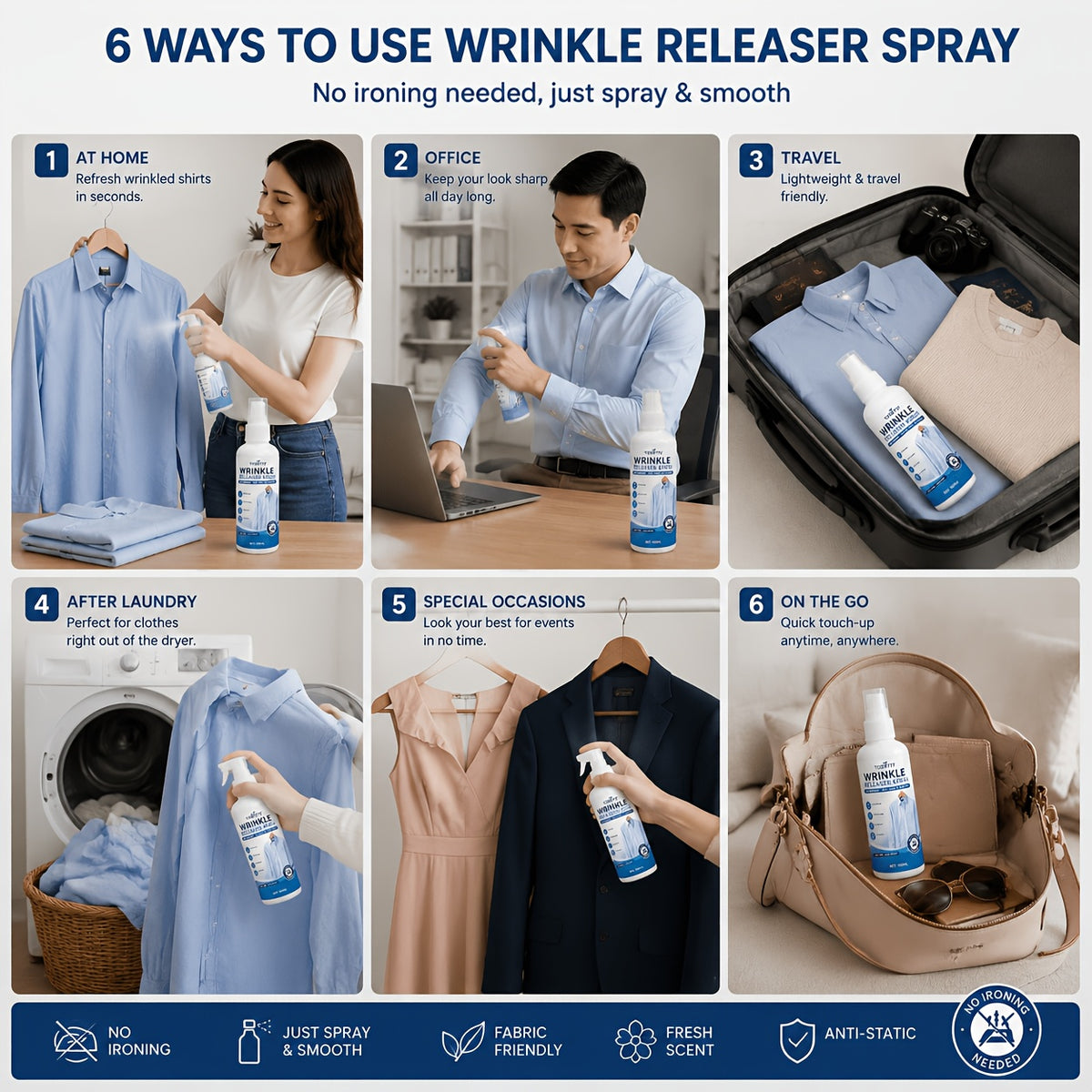 Wrinkle Remover Spray for Clothes 3.38oz, No-Iron Fabric Refresher & Wrinkle Release Spray, Quick Smoothing Clothing Care for Travel, Business, Dress Shirts, Suits & Everyday Fabrics