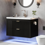Floating Bathroom Vanity with Sink 24 Inch LED Light Wall Mounted 3-Hole Ceramic Basin Wave Line Design Soft Close Drawers for Small Spaces Black White