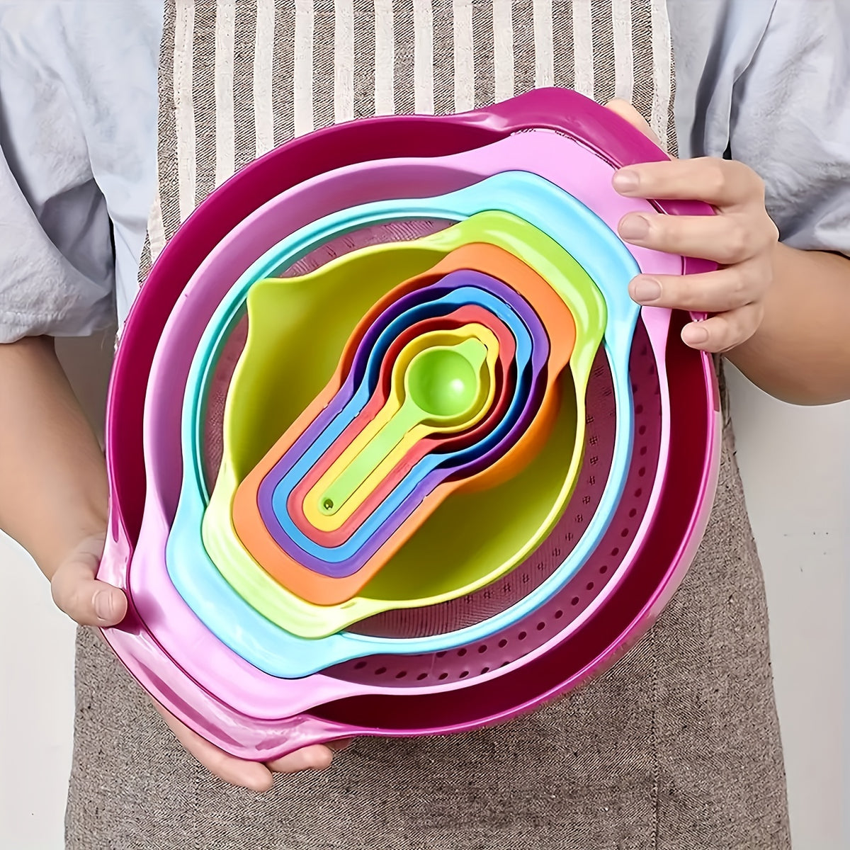10-Piece Colorful Mixing Bowl Set with Measuring Cups, Spoons & Colander – Nesting Plastic Baking Bowls Kitchen Utensil Set