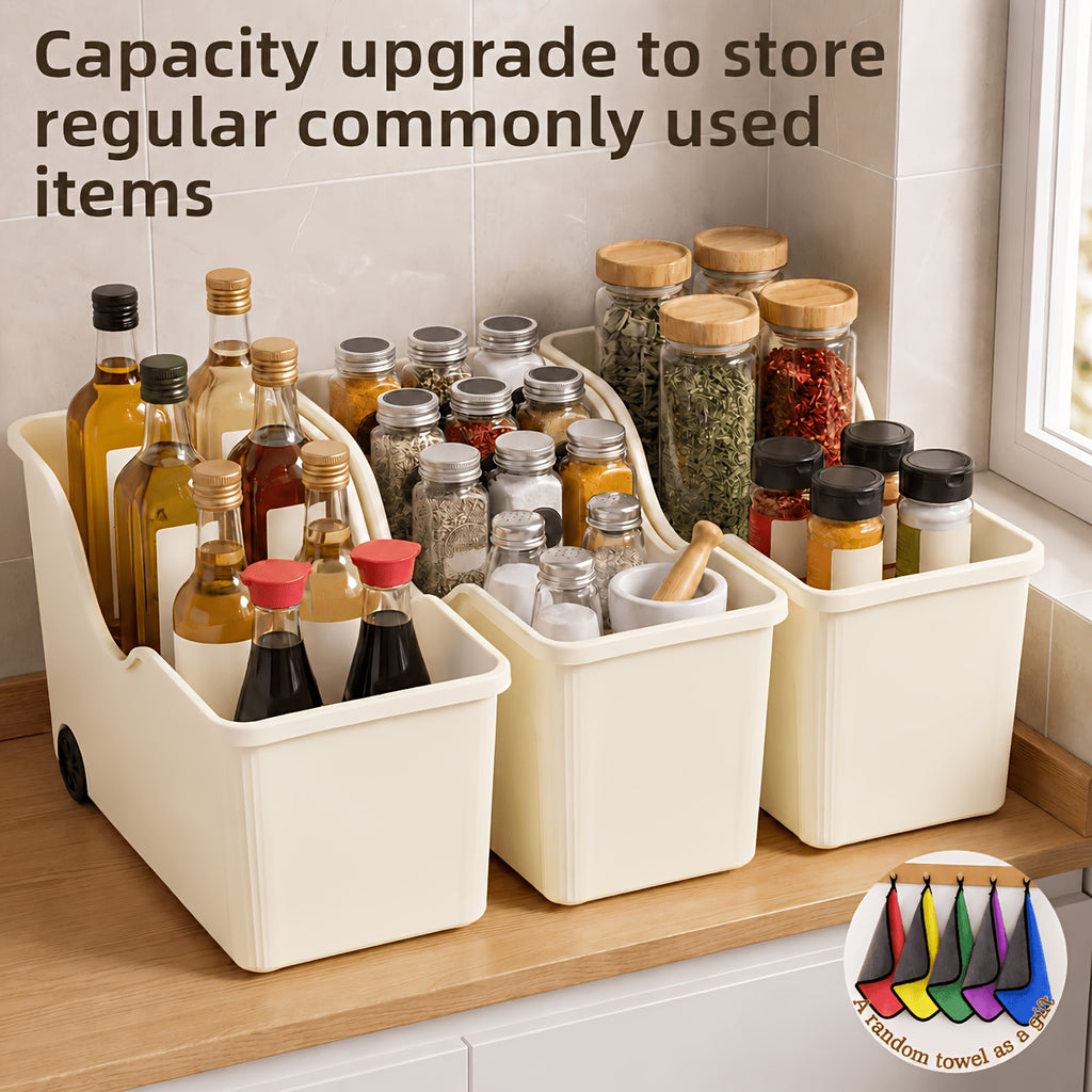 Rolling Plastic Storage Bins Set of 3 – Large Capacity Wheeled Organizer Containers for Kitchen, Bathroom, Pantry, Freezer & Cabinet | Multi-Purpose Roll-Out Storage Bin with Bonus Towel Gift