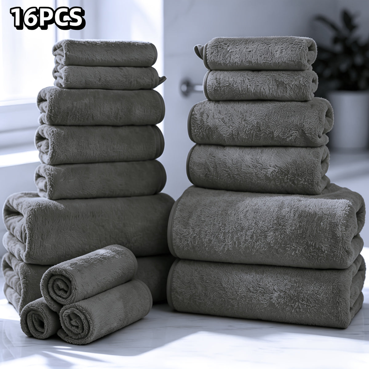 16-Piece Ultra-Soft Coral Fleece Bath Towel Set – 4 Bath Towels, 6 Hand Towels & 6 Washcloths | Quick-Dry, Highly Absorbent | Home, Hotel & Spa