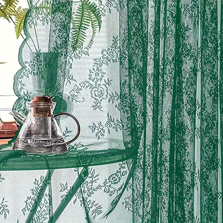 Vintage Lace Door Curtain with Wave Edge – Semi-Sheer Floral Embroidered Rod Pocket Panel for Home, Hallway & Outdoor | White, Black & Green
