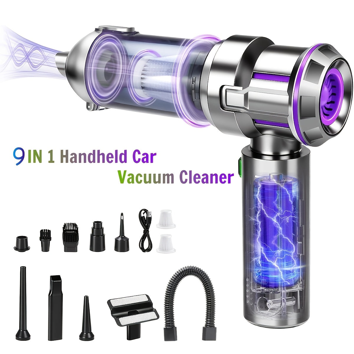 Handheld Vacuum Cleaner 25000PA – 9-in-1 Cordless Car Vacuum, Rechargeable Brushless Motor, Washable Filter, Low Noise for Car, Home, Pet & Office