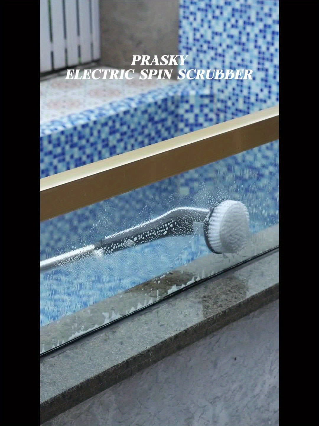 PRASKY Electric Spin Scrubber IPX8 Waterproof with LED Display – 9 Brush Heads, Adjustable 10–54" Handle, 2 Speeds, 90-Min Cordless Power Scrubber for Bathroom, Shower, Tile & Floor