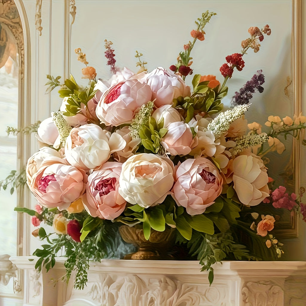 Faux Peonies and Hydrangeas Floral Centerpiece Vintage Rustic Pink Green Mix Artificial Flowers for Bridal Wedding Table Home Living Room Decor
