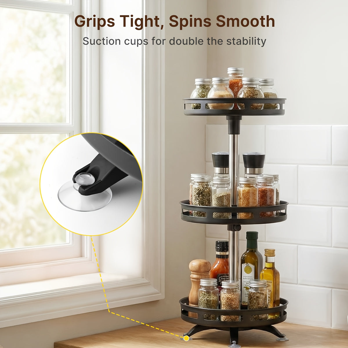 3 Tier Rotating Spice Rack Organizer Metal Turntable for Kitchen Countertop - Spinning Spice Jar Seasoning Storage Rack Black