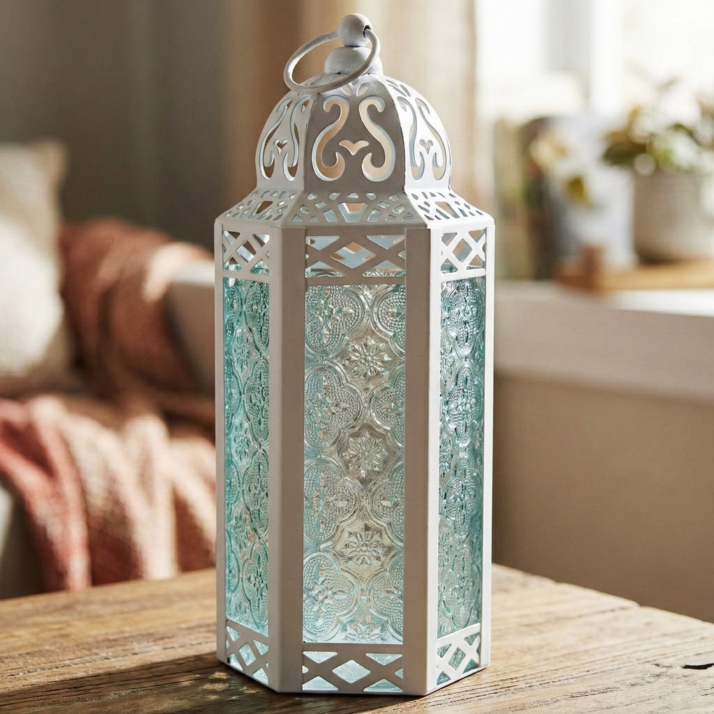 Moroccan Candle Lantern Holder Medium 10.5 Inch – Handcrafted Glass Iron Metal Lantern with Embossed Floral Panels, 17 Colors, Indoor Outdoor Use for Ramadan, Wedding, Patio, Diwali & Home Decor