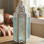 Moroccan Candle Lantern Holder Medium 10.5 Inch – Handcrafted Glass Iron Metal Lantern with Embossed Floral Panels, 17 Colors, Indoor Outdoor Use for Ramadan, Wedding, Patio, Diwali & Home Decor