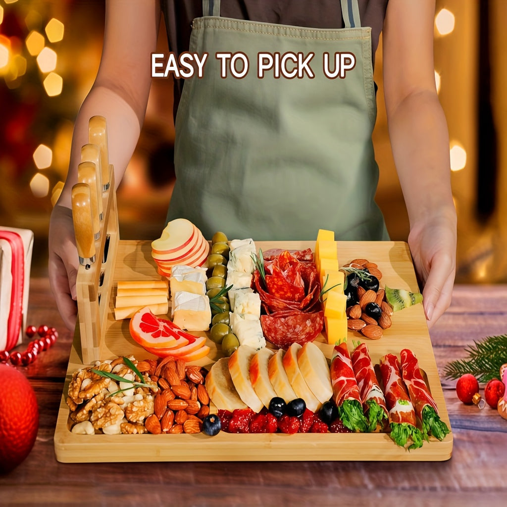 Wood Cheese Board Set with 4 Stainless Steel Knives 14x11 Inch Charcuterie Platter Appetizer Board for Party Wedding Gift Set of 1 or 2