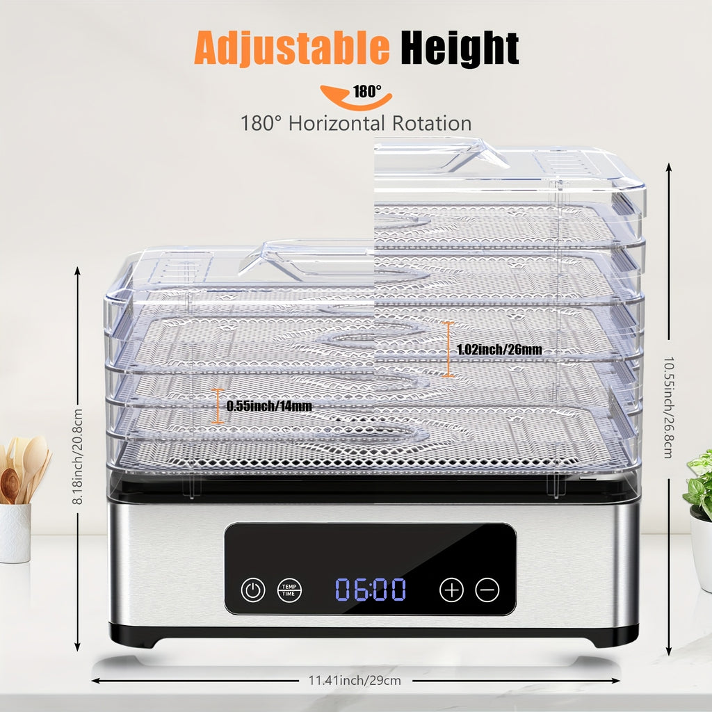 Food Dehydrator Machine 5 Stainless Steel Trays 420W 48H Timer 95-160F Temp Control for Jerky Herbs Meat Fruit with Recipe Book