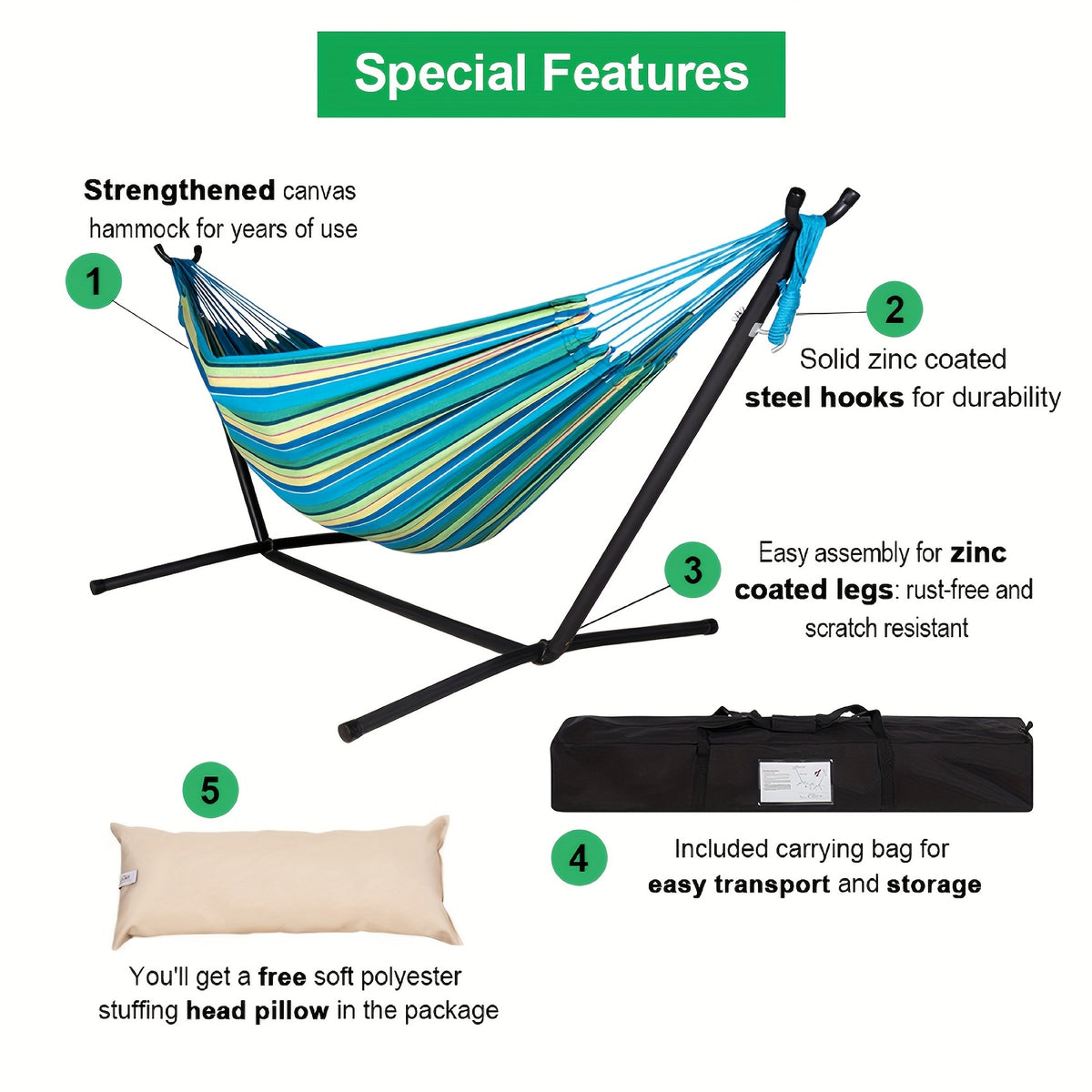 Heavy-Duty Double Hammock with Steel Stand – 450 lbs Capacity, 100% Linen Canvas, Carry Case & Head Pillow Included, No Assembly, Portable for Patio, Backyard, Camping & Balcony | 4 Colors