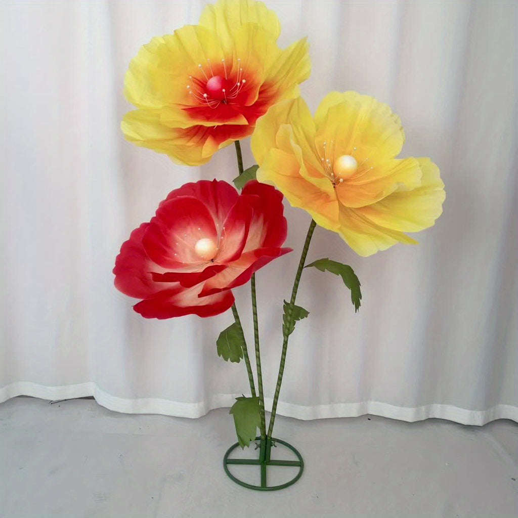Large Artificial Poppy Flowers 3pcs Giant Orange Yellow Red Blooms Realistic Faux Floral for Wedding Centerpiece Party Decor Photo Booth Spring Home Decoration