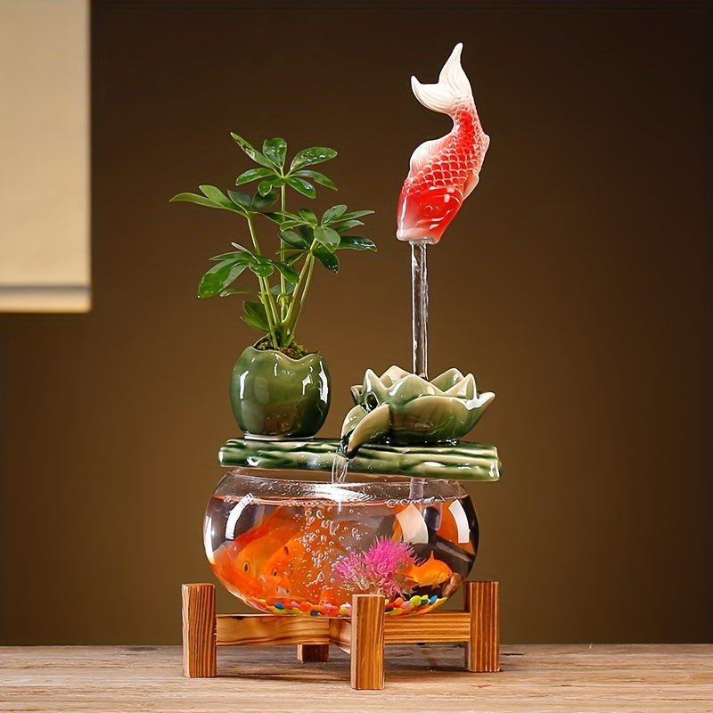 USB Powered Glass & Ceramic Fish Waterfall Desktop Fountain – Hanging Goldfish Design, Decorative Water Feature with Glass Fish & Plants for Living Room, Office & Zen Decor, Unique Gift