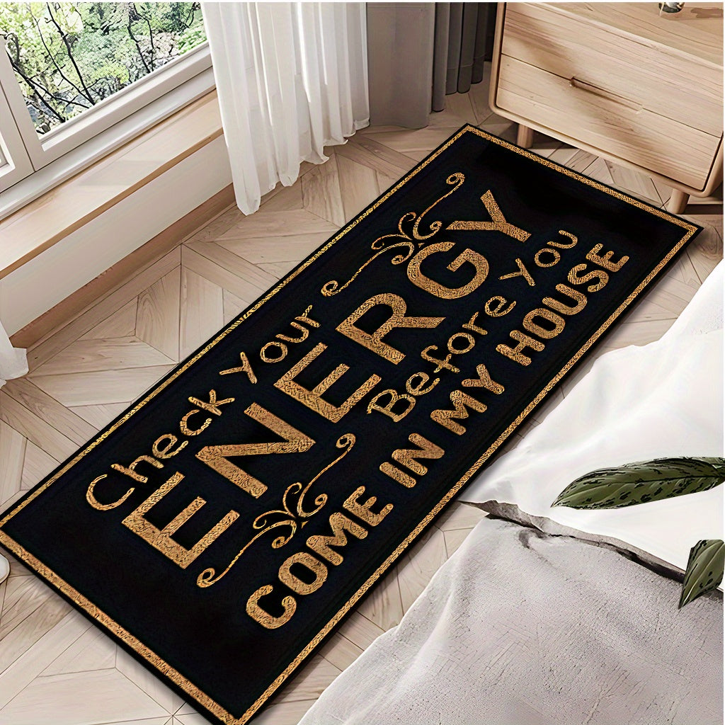 Anti-Slip Doormat Check Energy Before Entry Black Gold Lettering 7mm Thick Indoor Mat for Living Room Kitchen Bathroom Entryway 17x47in