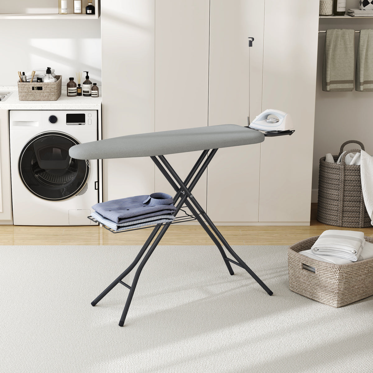 Full-Size Foldable Ironing Board Height-Adjustable – Heavy-Duty Steel Legs, 4-Layer Padding, Iron Rest, Cord Holder & Storage Rack for Laundry Room, Living Room & Dorm | Beige & Gray