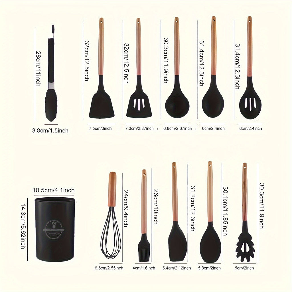 Silicone Kitchen Utensil Set 12 Piece with Wooden Handles - Non-Stick Heat Resistant Cooking Tools for Home, Dorm & Baking, Colorful Kitchen Gadgets Gift Set