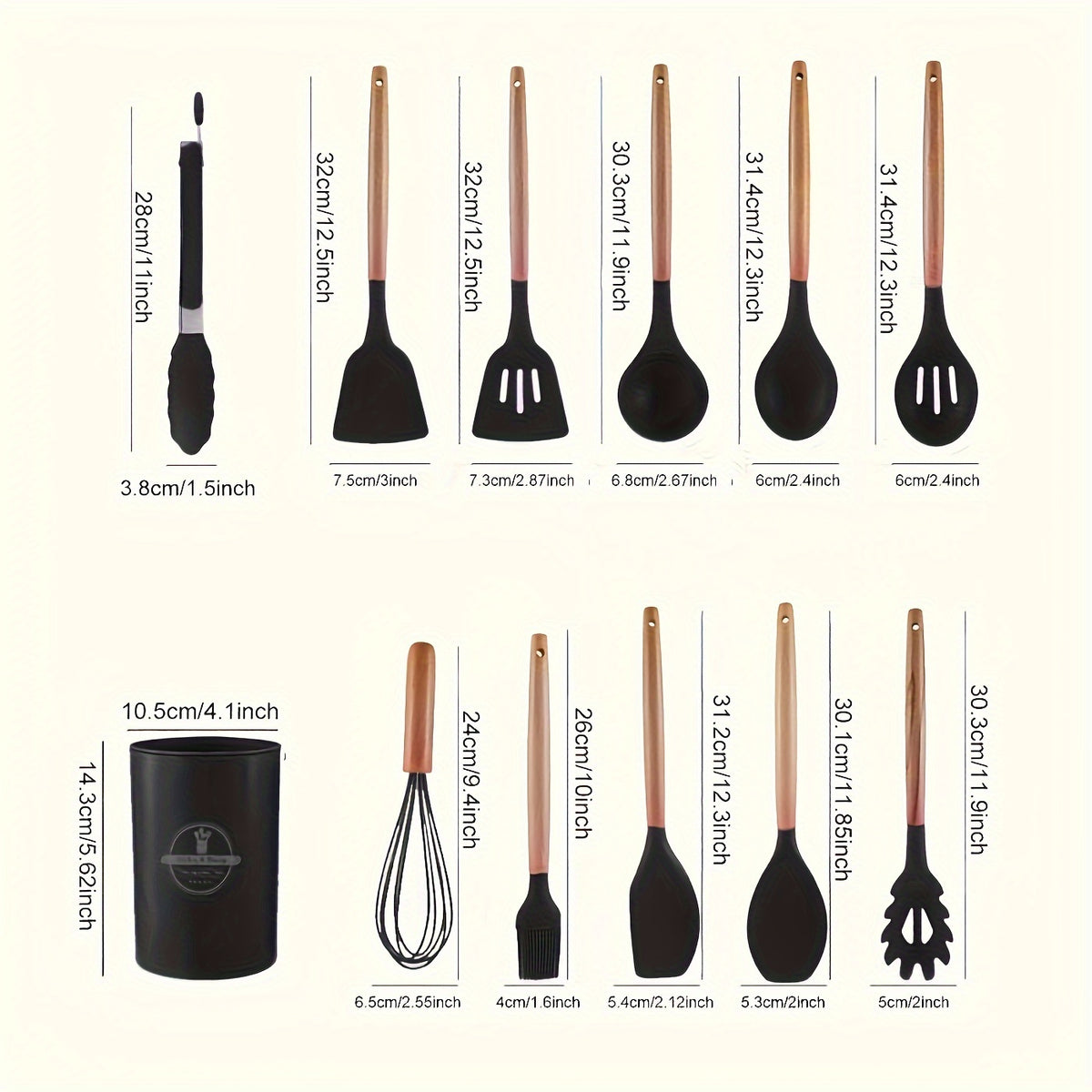 Silicone Kitchen Utensil Set 12 Piece with Wooden Handles - Non-Stick Heat Resistant Cooking Tools for Home, Dorm & Baking, Colorful Kitchen Gadgets Gift Set
