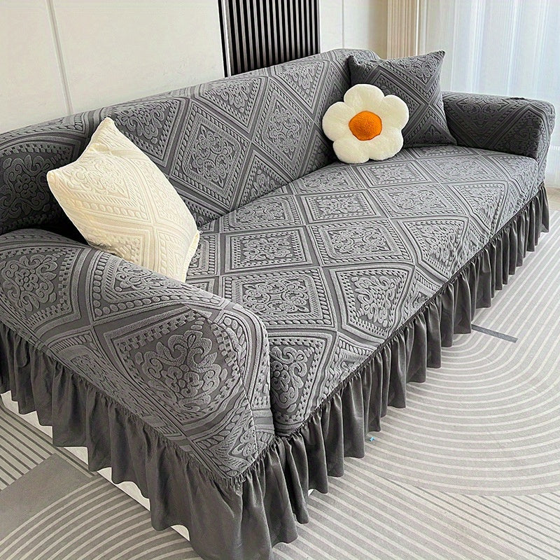 280 GSM Velvet Jacquard Sofa Cover One-Piece Full-Coverage Ruffle Detail Washable High Elastic Slipcover for 1 2 3 4 Seater L-Shape Corner Sofa Armchair Couch Protector Grey
