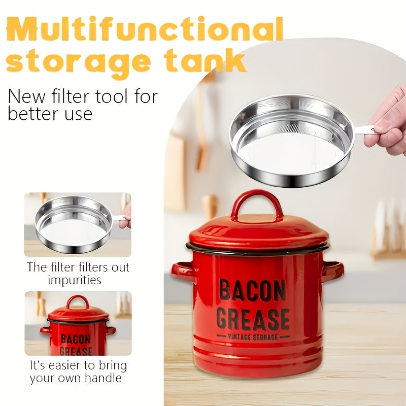 Enamel Bacon Grease Container with Stainless Steel Filter & Spoon - Rustic Kitchen Fat Storage Jar, Dishwasher Safe, Ideal for Halloween Thanksgiving Christmas, Red Blue White