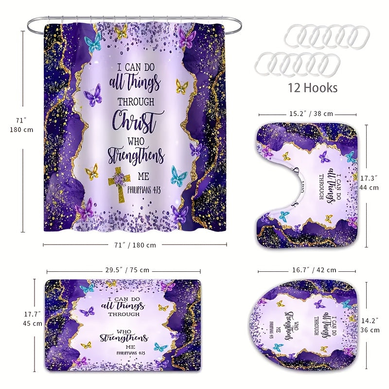 Christian Bible Verse Shower Curtain Set 4 Piece with Hooks Anti-Slip Toilet U-Shaped Pad & Lid Cover – Inspirational Faith Bathroom Decor Gift