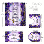 Christian Bible Verse Shower Curtain Set 4 Piece with Hooks Anti-Slip Toilet U-Shaped Pad & Lid Cover – Inspirational Faith Bathroom Decor Gift