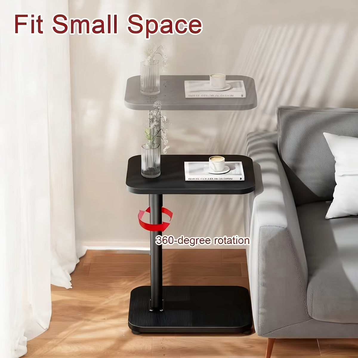 C-Shaped Side Table with Adjustable Height and 360° Rotatable Top – Laptop Sofa Table Coffee Table for Living Room Bedroom in Black White or Brown