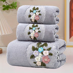 Embroidered Flower Towel Set 3 Piece – Soft Absorbent Bath Towel & 2 Face Towels – Skin-Friendly Polyester Blend, Home & Beach Use, White, Blue, Pink, Gray