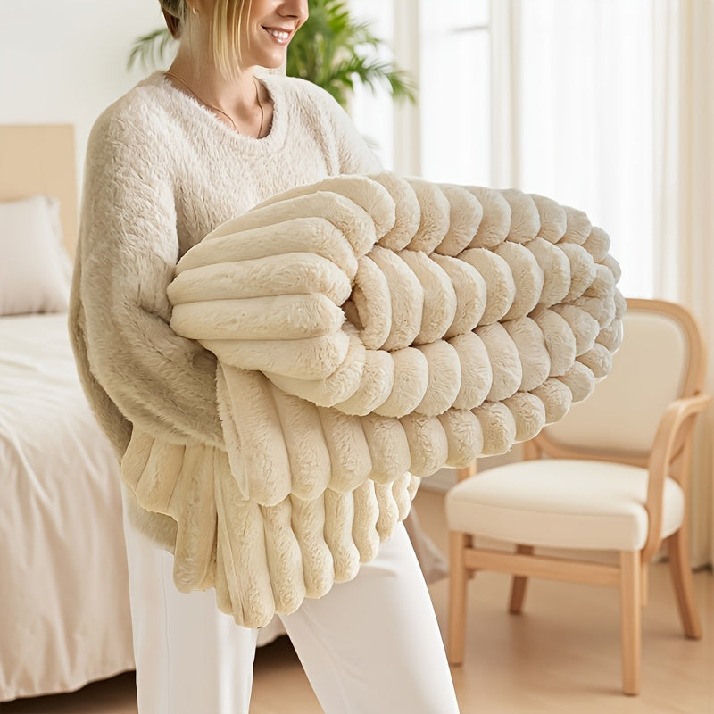Faux Rabbit Fur Throw Blanket Ultra Soft Fluffy Striped Plush Blanket for Couch Bed Sofa Luxury Warm Winter Blanket Pink Light Brown