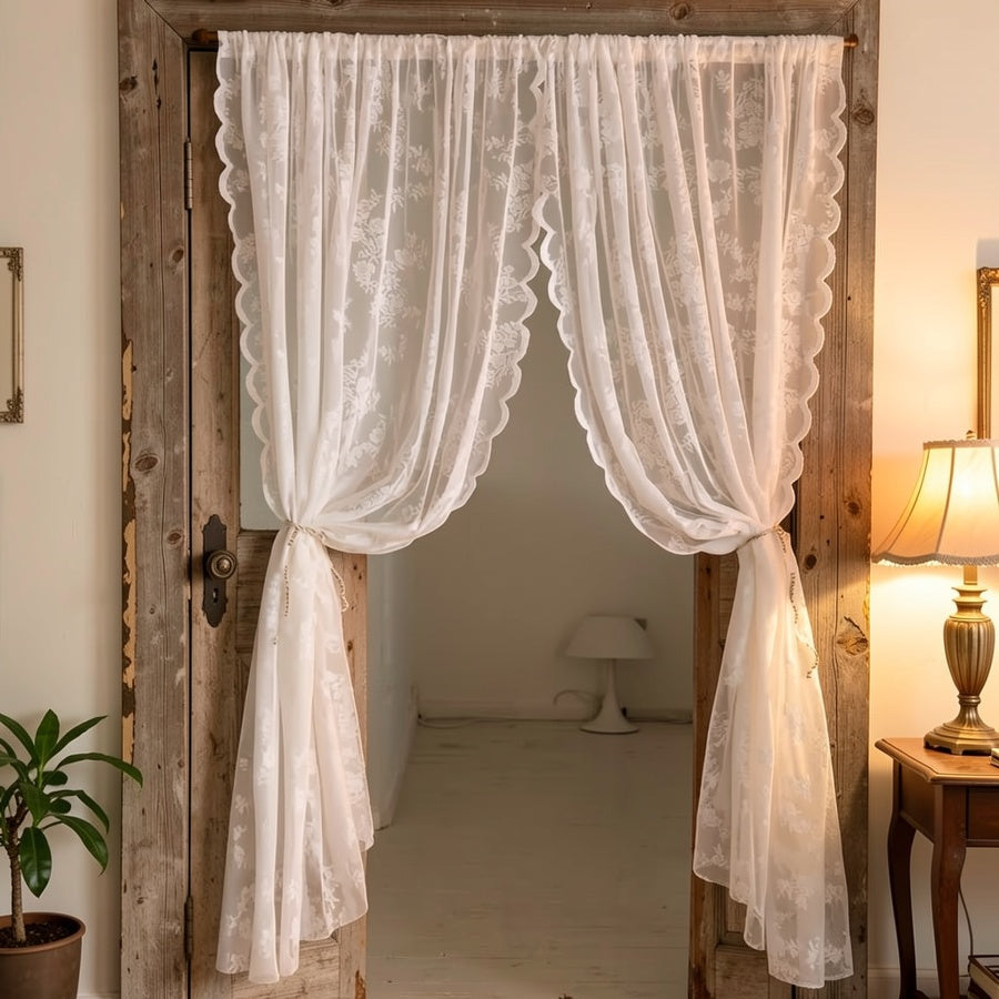 Vintage Lace Door Curtain with Wave Edge – Semi-Sheer Floral Embroidered Rod Pocket Panel for Home, Hallway & Outdoor | White, Black & Green