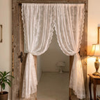 Vintage Lace Door Curtain with Wave Edge – Semi-Sheer Floral Embroidered Rod Pocket Panel for Home, Hallway & Outdoor | White, Black & Green