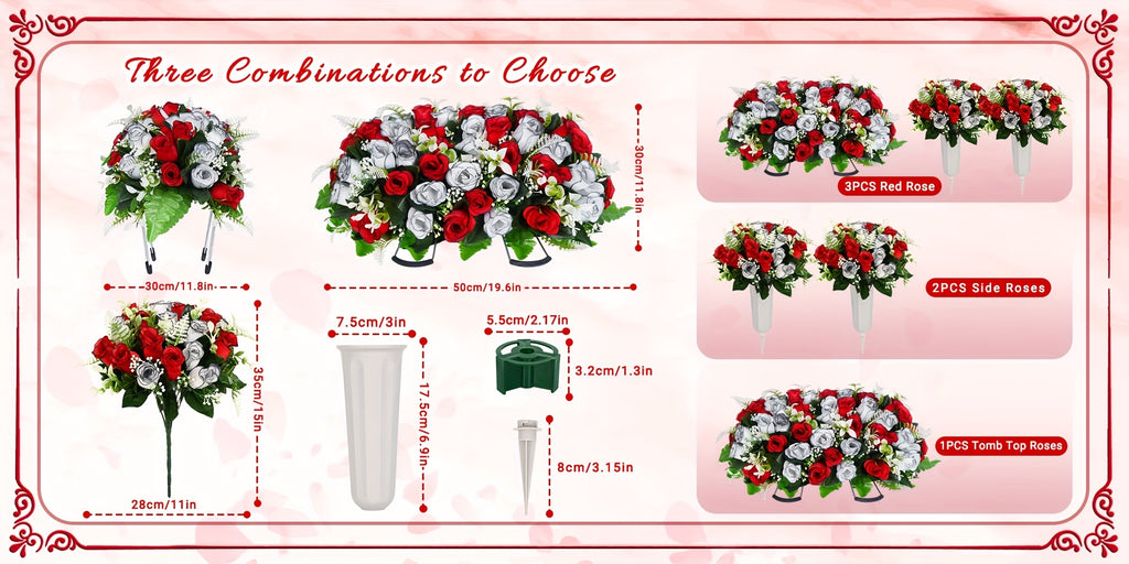 Artificial Cemetery Flowers for Grave with Saddles Silky Rose Bouquets with Vases Headstone Flower Saddle Memorial Day Outdoor Grave Headstone Decoration