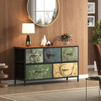 5-Drawer Wide Dresser with Fabric Bins – Freestanding Wood Frame Chest of Drawers, Low Profile Compact Storage Organizer for Bedroom, Hallway, Living Room & Closet, Space-Saving Furniture in Khaki/Green
