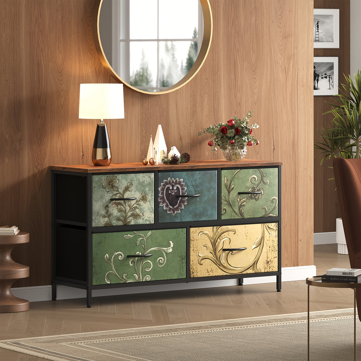 5-Drawer Wide Dresser with Fabric Bins – Freestanding Wood Frame Chest of Drawers, Low Profile Compact Storage Organizer for Bedroom, Hallway, Living Room & Closet, Space-Saving Furniture in Khaki/Green