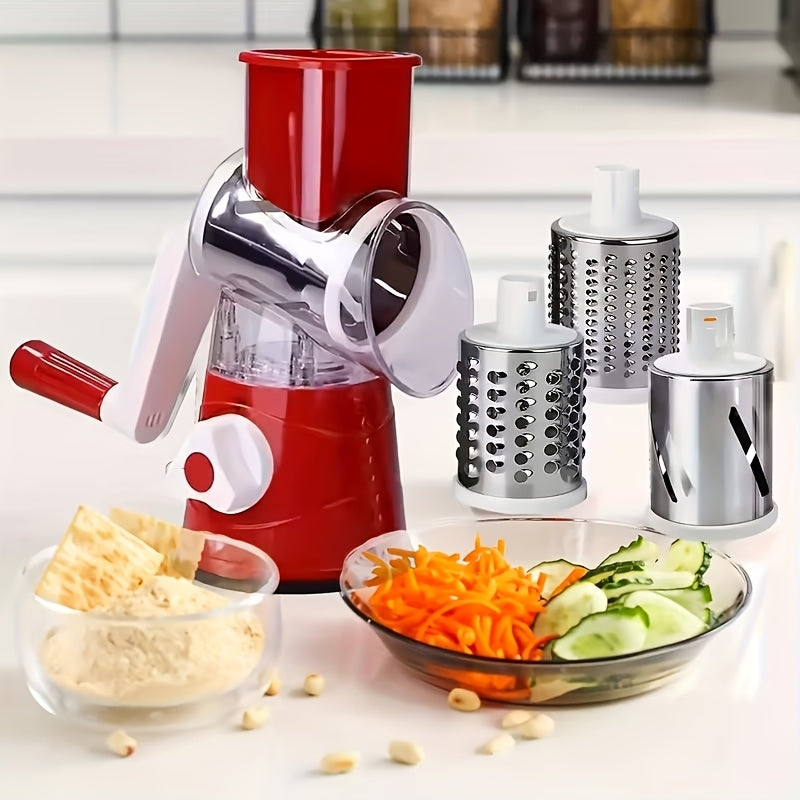 3-in-1 Manual Rotating Cheese & Vegetable Slicer with Interchangeable Drum – Handheld Stainless Steel Grater, Peeler & Chopper for Potatoes, Carrots, Cheese | Camping & Kitchen Use