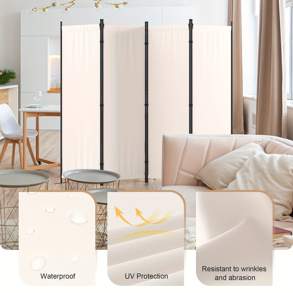 Room Divider 4 Panel Folding Privacy Screen – 67.5" Tall Cream Steel Frame Freestanding Partition for Bedroom Office Living Room