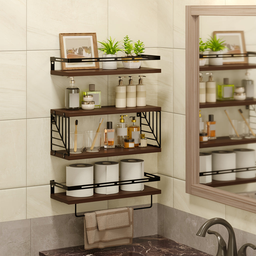 Floating Shelves Over Toilet 3/4 Piece Set – Farmhouse Wood Wall-Mounted Bathroom Shelf for Toilet Paper Storage, Small Bathroom Organizer in Black & Brown