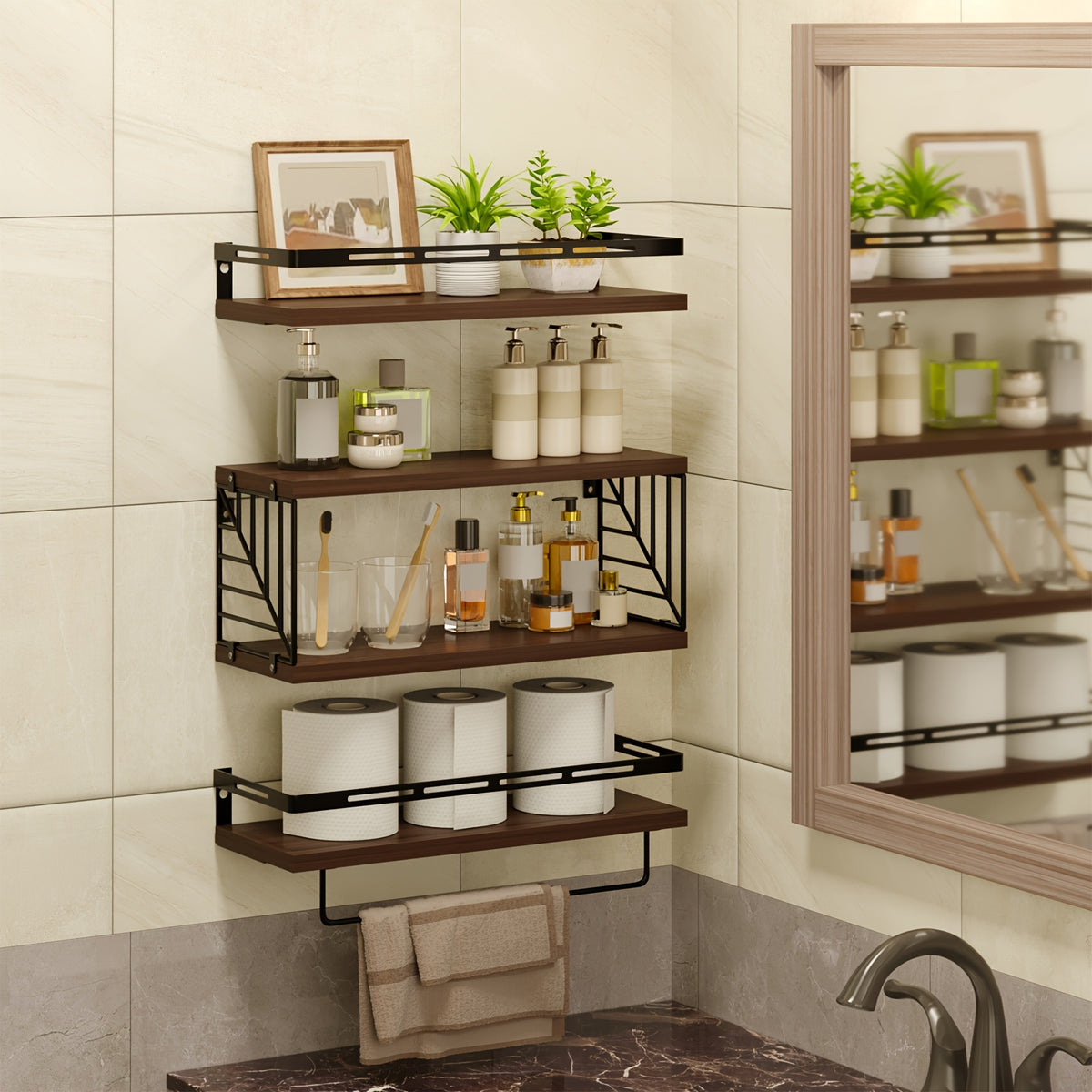 Floating Shelves Over Toilet 3/4 Piece Set – Farmhouse Wood Wall-Mounted Bathroom Shelf for Toilet Paper Storage, Small Bathroom Organizer in Black & Brown
