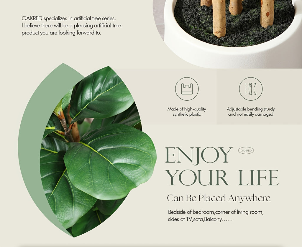 Artificial Fiddle Leaf Fig Tree 5ft Tall Faux Ficus with White Planter Natural Wood Trunk Fake Moss for Indoor Outdoor Living Room Office Porch Home Decor
