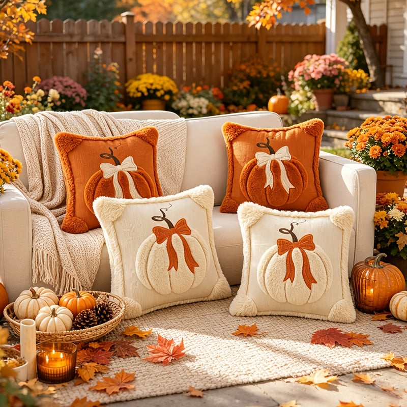 Plush Pumpkin Bow Pillow Covers Set of 2, 18x18 Inch Soft Seasonal Pillowcases for Thanksgiving, Halloween & Christmas – Decorative Throw Pillow Covers for Sofa Bed Home Decor, Beige & Caramel