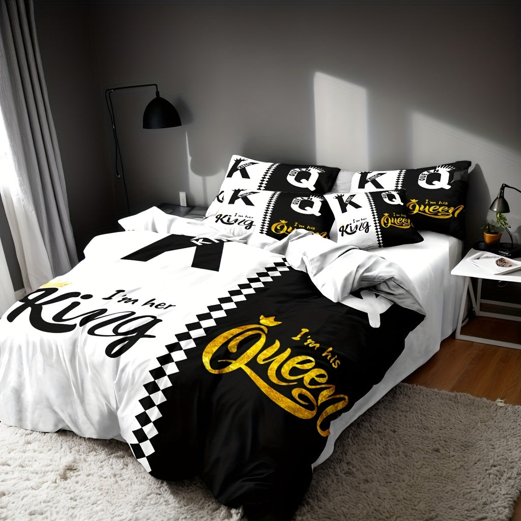 Valentine's Day Duvet Cover Set 3pcs – Crown Queen & King Print Soft Breathable Polyester Bedding, Machine Washable, Includes Duvet Cover & 2 Pillow Covers, Romantic Gift for Couples