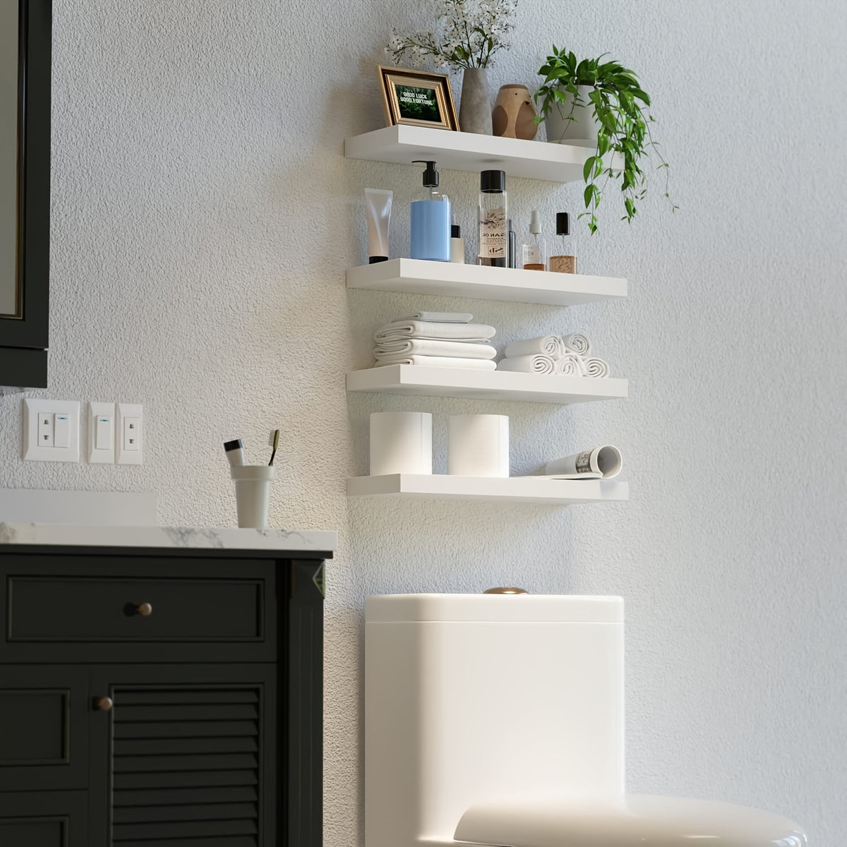 Floating Shelves Wall Mounted Set of 4 – Modern Wall Shelves with Invisible Brackets, Marble Surface Display Shelf for Bedroom, Bathroom, Kitchen & Living Room, Easy No-Drill Install
