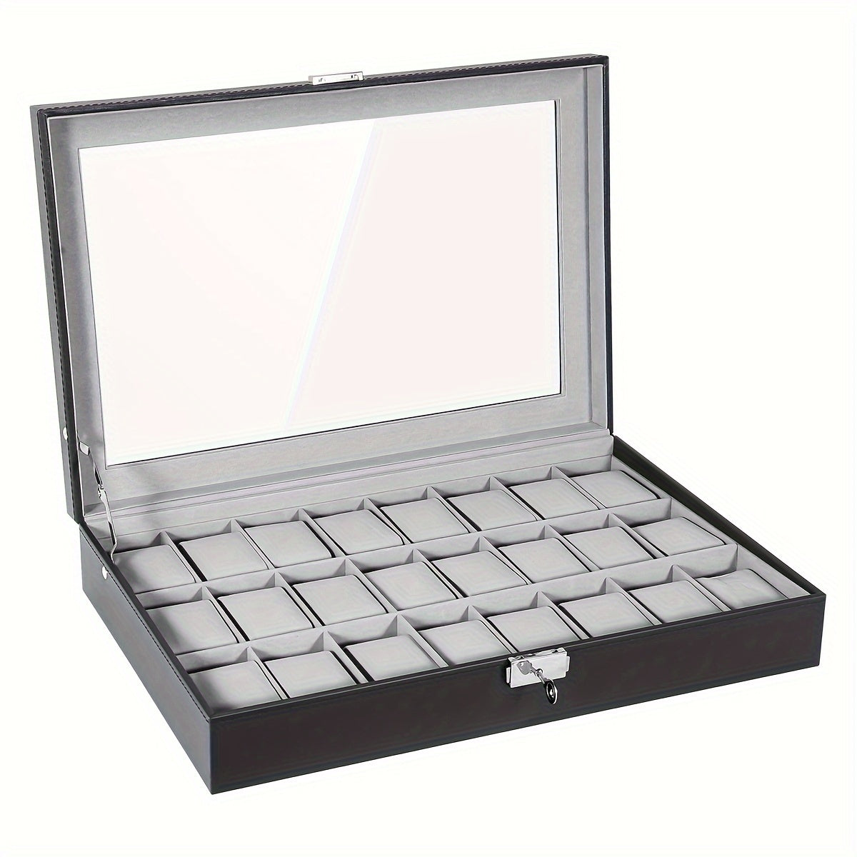 24-Slot Watch Box Organizer with Large Glass Lid & Key Lock, Faux Leather Watch Display Case for Men & Women, Tabletop Jewelry Storage Box for Watches, Wristwatch Collection Gift