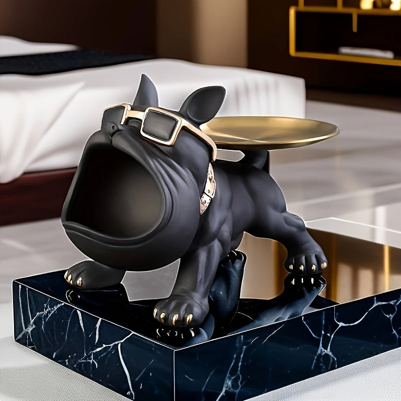 Decorative Resin Bulldog Tray Statue Modern Dog Figurine Key Tray Entryway Organizer Candy Jewelry Earring Tray Holder Home Office Dining Table Decor Desk Accent Christmas New Year Gift Dog Lover